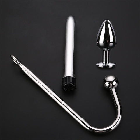 Stainless Steel Anal Plug, Vibrator & Anal Hook 3 Pcs/Set - Dom's Realm Store BDSM Shibari