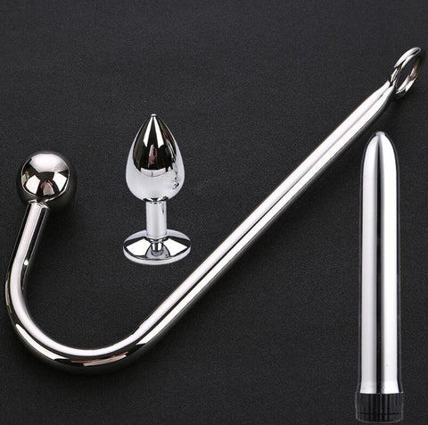Stainless Steel Anal Plug, Vibrator & Anal Hook 3 Pcs/Set - Dom's Realm Store BDSM Shibari